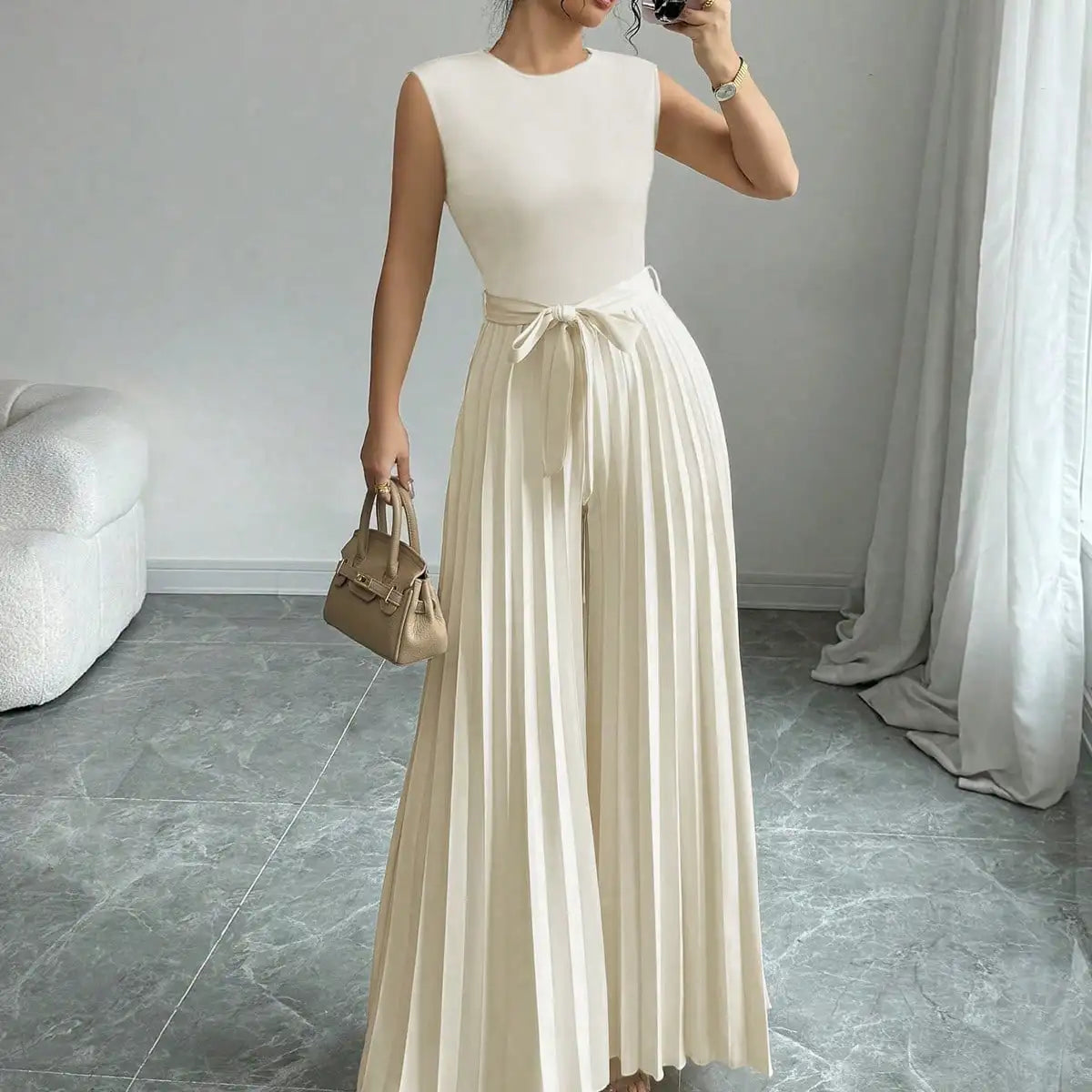 2026 New Fashion Women's Sleeveless Pleated Wide Leg Jumpsuit High Waist Tie Belt Backless Elegant Party Romper