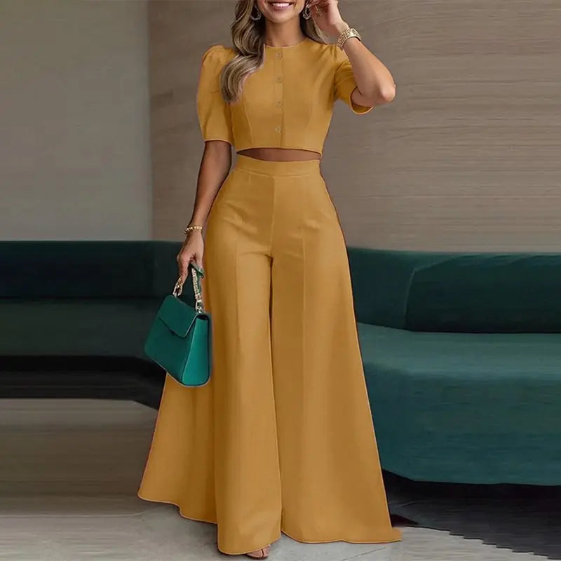 Women’s 2-Piece Set — Puff Sleeve Crop Top &amp; Wide-Leg Trousers