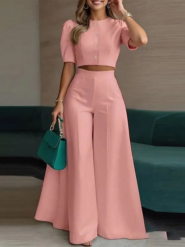 Women’s 2-Piece Set — Puff Sleeve Crop Top &amp; Wide-Leg Trousers