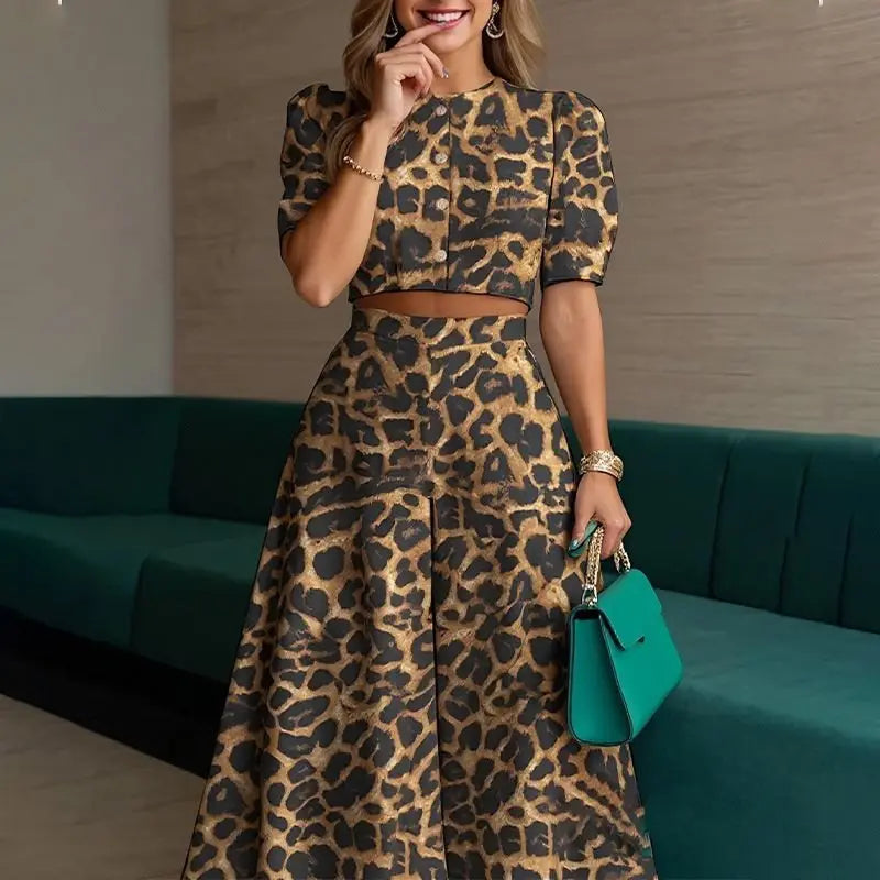 Women’s 2-Piece Set — Puff Sleeve Crop Top &amp; Wide-Leg Trousers