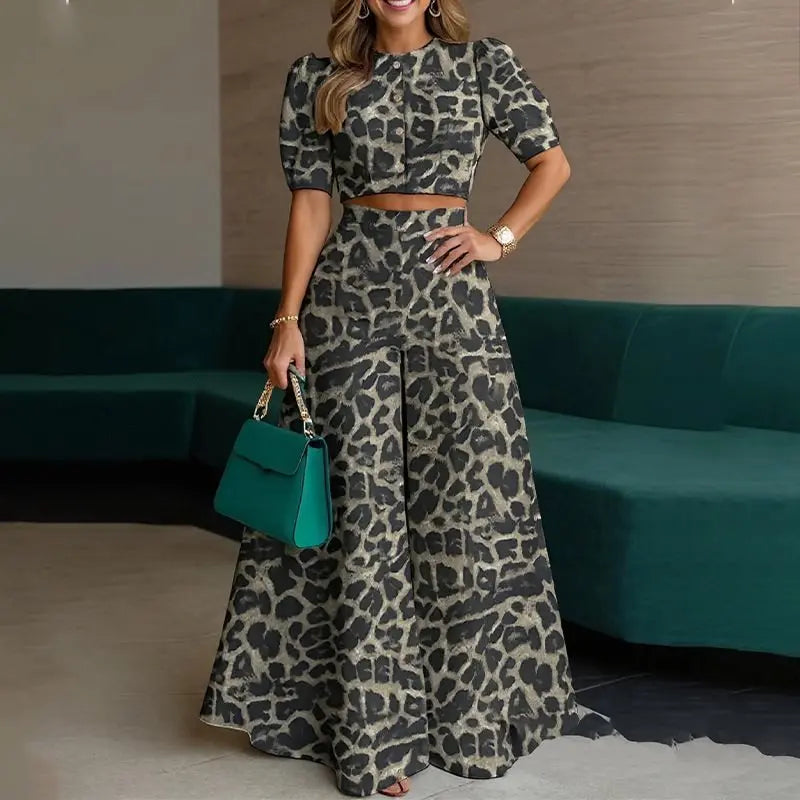 Women’s 2-Piece Set — Puff Sleeve Crop Top &amp; Wide-Leg Trousers