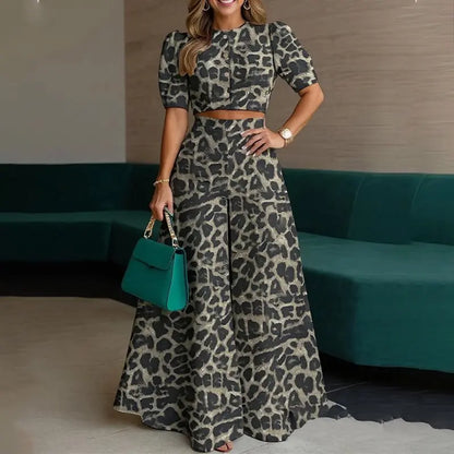 Women’s 2-Piece Set — Puff Sleeve Crop Top &amp; Wide-Leg Trousers