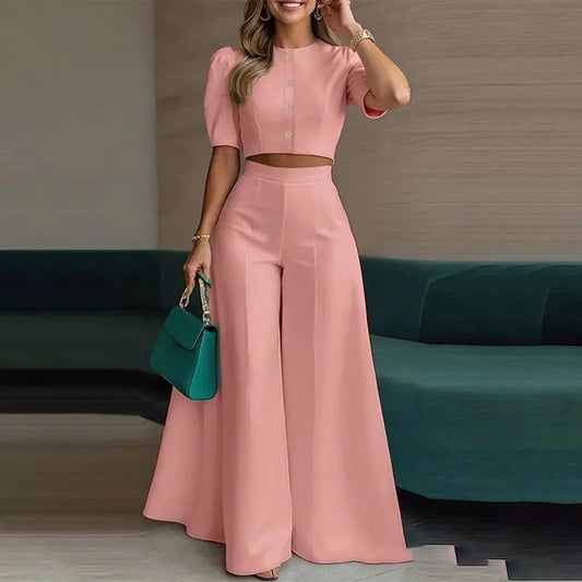 Women’s 2-Piece Set — Puff Sleeve Crop Top &amp; Wide-Leg Trousers