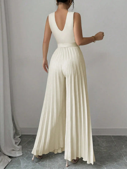 2026 New Fashion Women's Sleeveless Pleated Wide Leg Jumpsuit High Waist Tie Belt Backless Elegant Party Romper