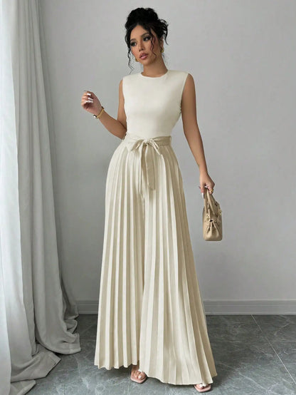 2026 New Fashion Women's Sleeveless Pleated Wide Leg Jumpsuit High Waist Tie Belt Backless Elegant Party Romper