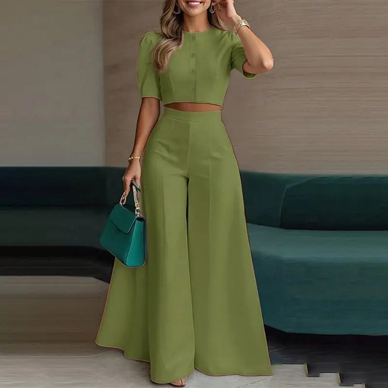 Women’s 2-Piece Set — Puff Sleeve Crop Top &amp; Wide-Leg Trousers