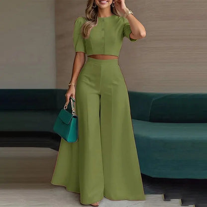 Women’s 2-Piece Set — Puff Sleeve Crop Top &amp; Wide-Leg Trousers