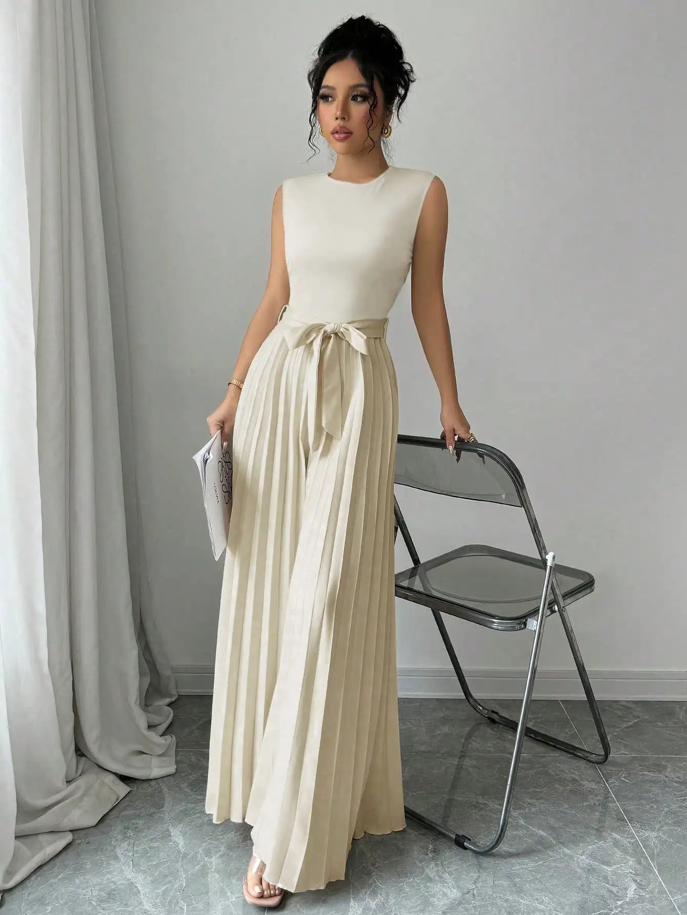 2026 New Fashion Women's Sleeveless Pleated Wide Leg Jumpsuit High Waist Tie Belt Backless Elegant Party Romper