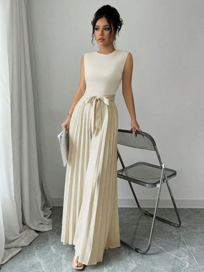 2026 New Fashion Women's Sleeveless Pleated Wide Leg Jumpsuit High Waist Tie Belt Backless Elegant Party Romper